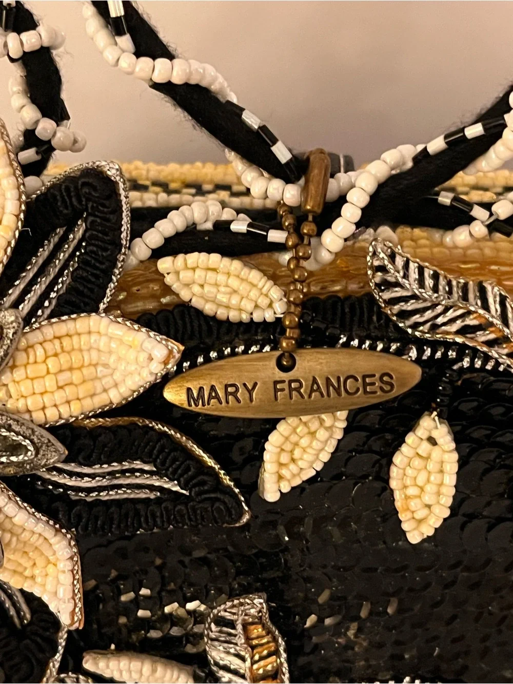 Mary Frances Beaded Floral Evening Clutch in Black & Gold